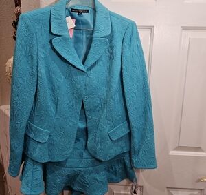 Nipon Boutique Textured Teal Blazer & Skirt Set